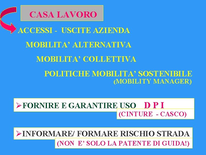 CASA LAVORO ACCESSI - USCITE AZIENDA MOBILITA’ ALTERNATIVA MOBILITA’ COLLETTIVA POLITICHE MOBILITA’ SOSTENIBILE (MOBILITY