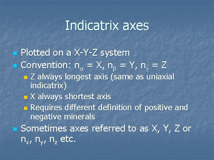 Indicatrix axes n n Plotted on a X-Y-Z system Convention: na = X, nb