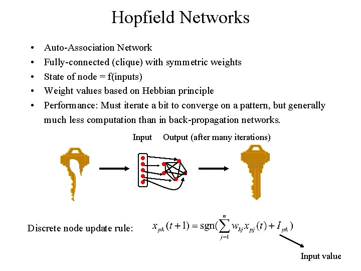 Hopfield Networks • • • Auto-Association Network Fully-connected (clique) with symmetric weights State of