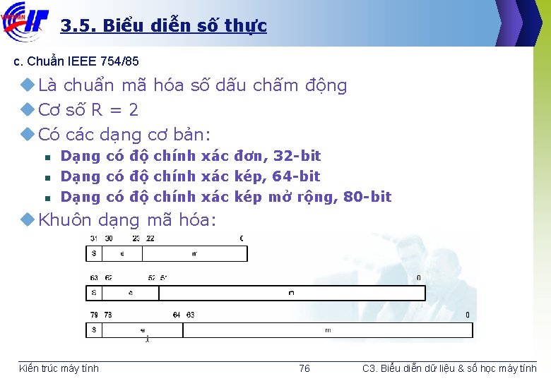 3. 5. Biểu diễn số thực c. Chuẩn IEEE 754/85 u Là chuẩn mã