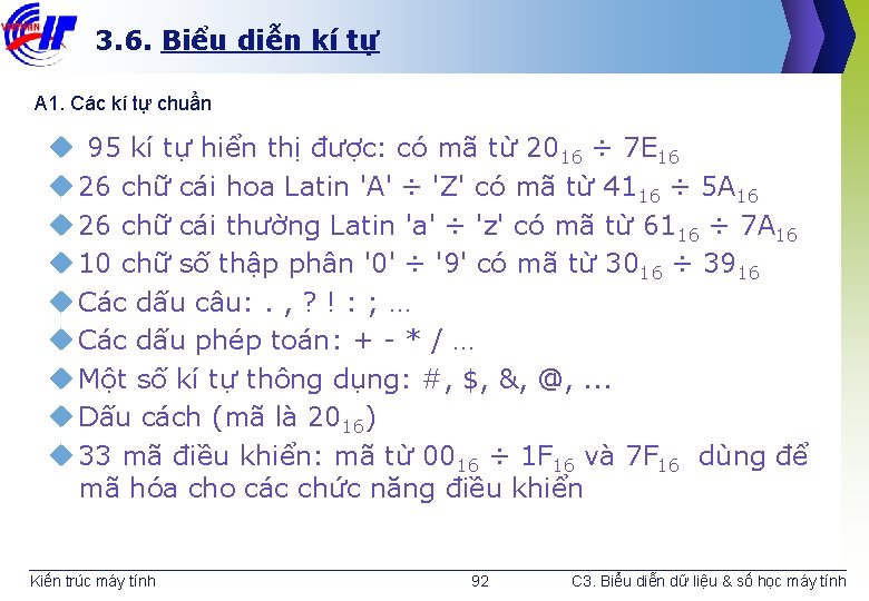 3. 6. Biểu diễn kí tự A 1. Các kí tự chuẩn u 95