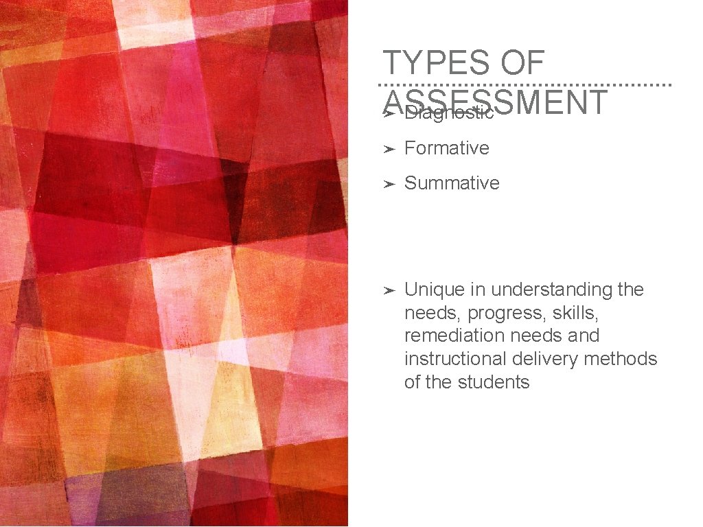 TYPES OF ASSESSMENT ➤ Diagnostic ➤ Formative ➤ Summative ➤ Unique in understanding the