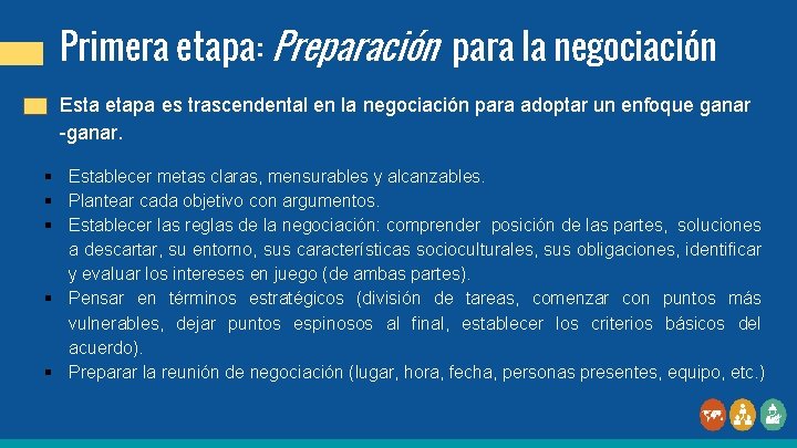 Primera etapa: Preparación para la negociación Esta etapa es trascendental en la negociación para