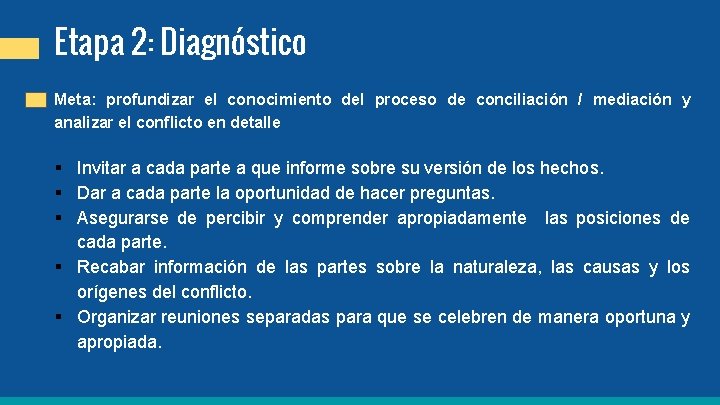 Etapa 2: Diagnóstico Meta: profundizar el conocimiento del proceso de conciliación / mediación y