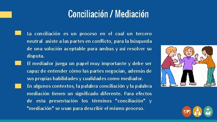 Conciliación / Mediación La conciliación es un proceso en el cual un tercero neutral