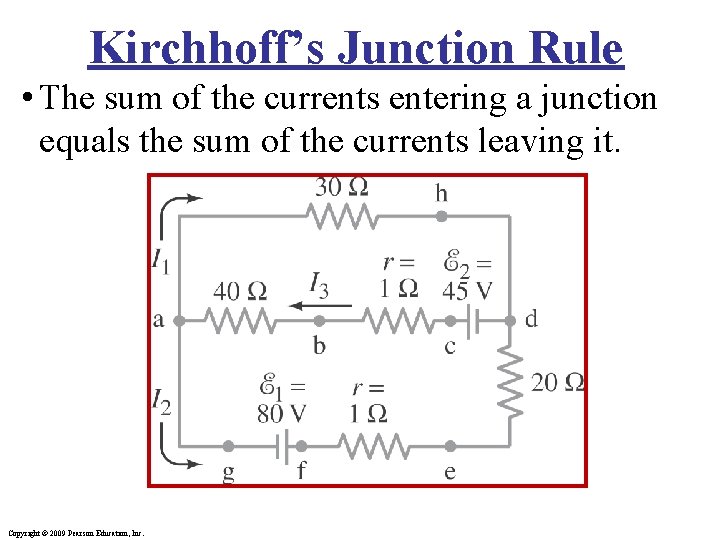 Kirchhoff’s Junction Rule • The sum of the currents entering a junction equals the