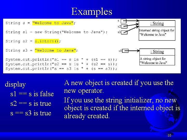 Examples display s 1 == s is false s 2 == s is true
