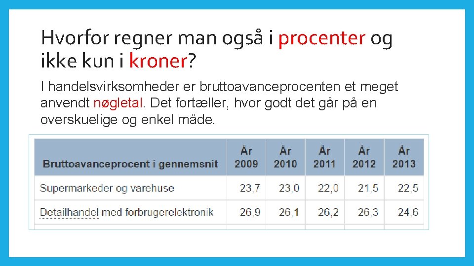 Hvorfor regner man også i procenter og ikke kun i kroner? I handelsvirksomheder er