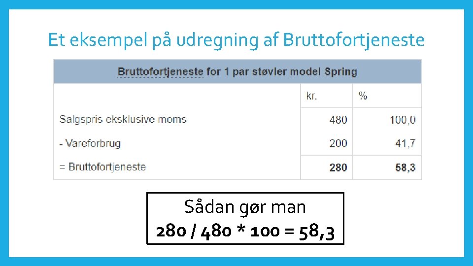 Et eksempel på udregning af Bruttofortjeneste Sådan gør man 280 / 480 * 100