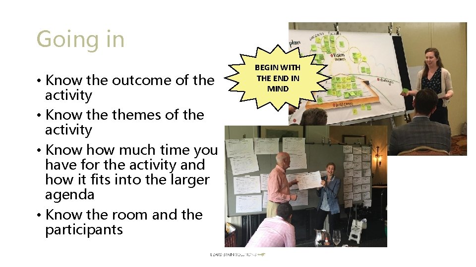 Going in • Know the outcome of the activity • Know themes of the