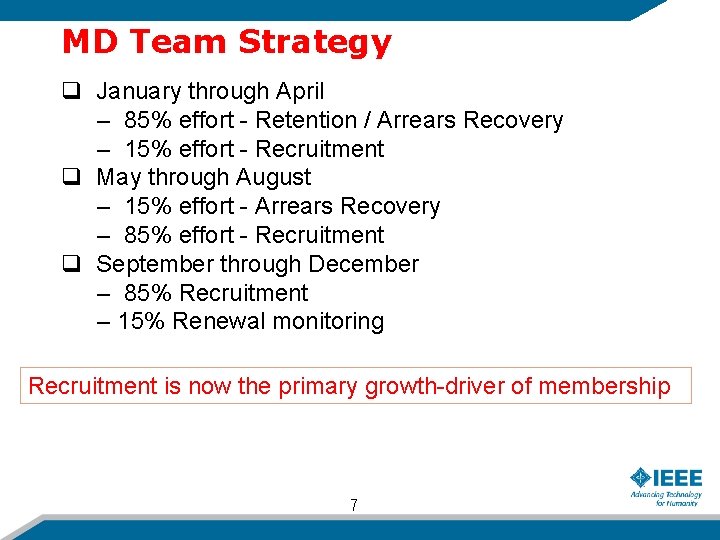 MD Team Strategy q January through April – 85% effort - Retention / Arrears