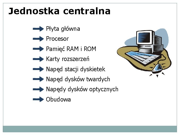 Jednostka centralna Płyta główna Procesor Pamięć RAM i ROM Karty rozszerzeń Napęd stacji dyskietek