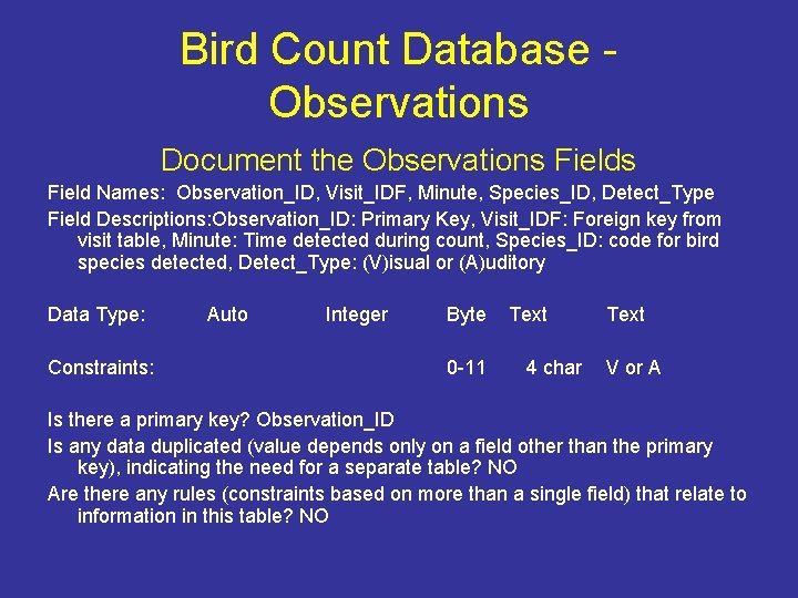 Bird Count Database Observations Document the Observations Field Names: Observation_ID, Visit_IDF, Minute, Species_ID, Detect_Type