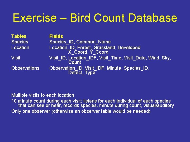Exercise – Bird Count Database Tables Species Location Visit Observations Fields Species_ID, Common_Name Location_ID,