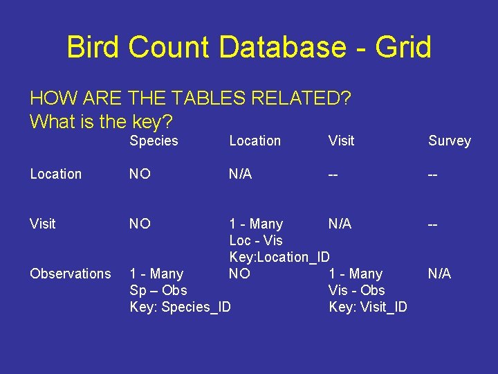 Bird Count Database - Grid HOW ARE THE TABLES RELATED? What is the key?