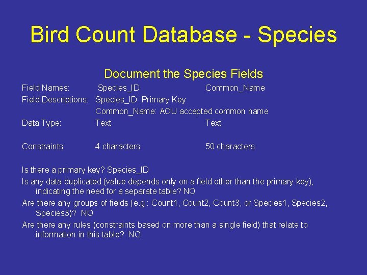 Bird Count Database - Species Document the Species Field Names: Species_ID Common_Name Field Descriptions: