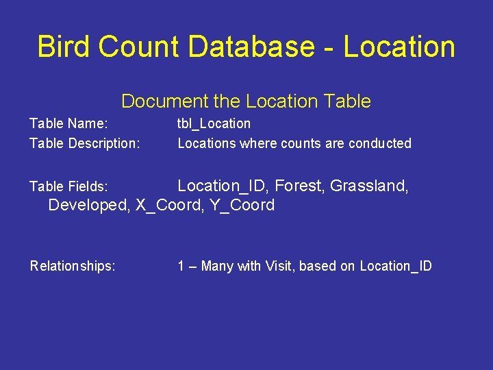 Bird Count Database - Location Document the Location Table Name: Table Description: tbl_Locations where