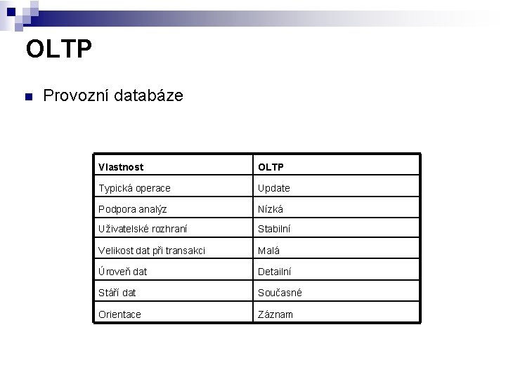OLTP n Provozní databáze Vlastnost OLTP Typická operace Update Podpora analýz Nízká Uživatelské rozhraní