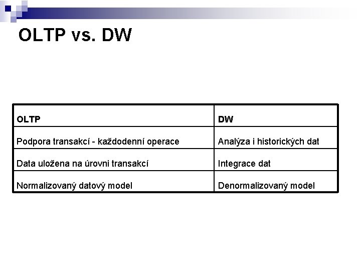 OLTP vs. DW OLTP DW Podpora transakcí - každodenní operace Analýza i historických dat