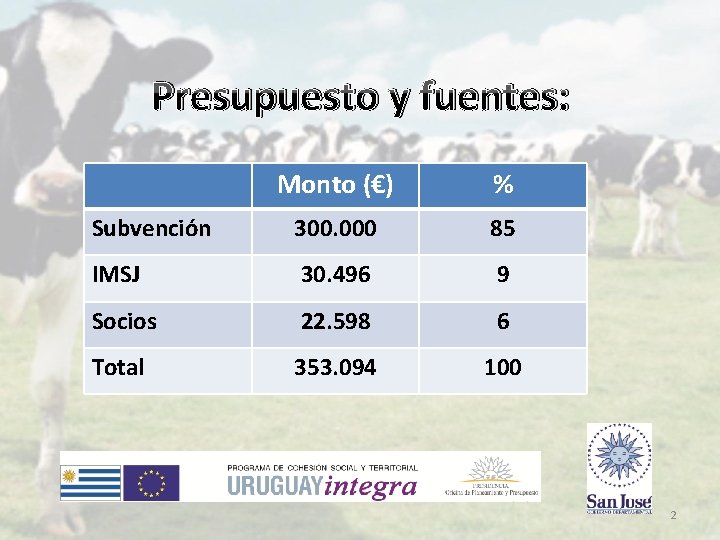 Presupuesto y fuentes: Monto (€) % Subvención 300. 000 85 IMSJ 30. 496 9