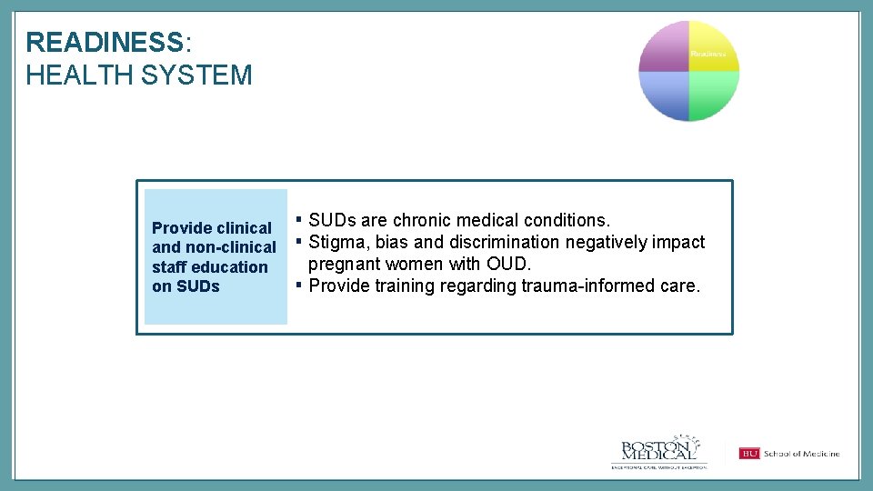 READINESS: HEALTH SYSTEM Provide clinical and non-clinical staff education on SUDs ▪ SUDs are