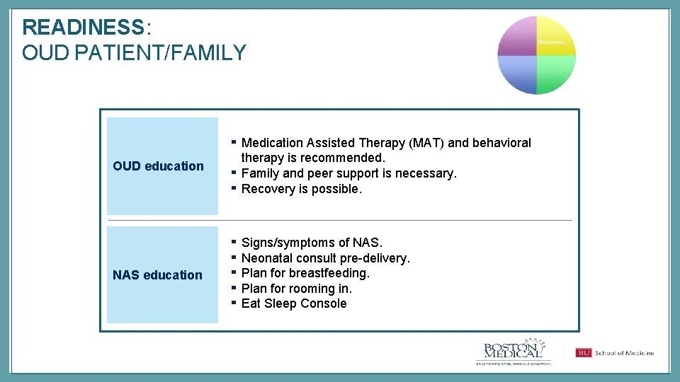 READINESS: OUD PATIENT/FAMILY ▪ OUD education NAS education ▪ ▪ Medication Assisted Therapy (MAT)