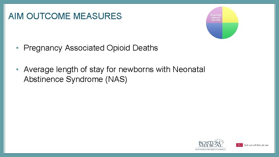 AIM OUTCOME MEASURES Reporting/ Systems Learning • Pregnancy Associated Opioid Deaths • Average length