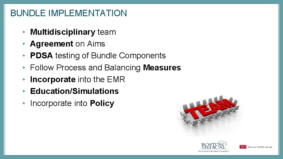 BUNDLE IMPLEMENTATION • • Multidisciplinary team Agreement on Aims PDSA testing of Bundle Components