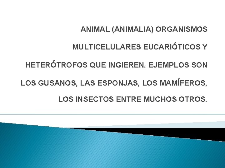 ANIMAL (ANIMALIA) ORGANISMOS MULTICELULARES EUCARIÓTICOS Y HETERÓTROFOS QUE INGIEREN. EJEMPLOS SON LOS GUSANOS, LAS