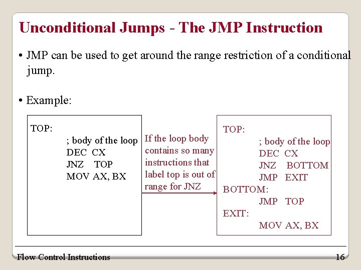 Unconditional Jumps - The JMP Instruction • JMP can be used to get around