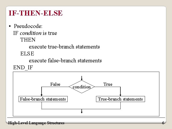 IF-THEN-ELSE • Pseudocode: IF condition is true THEN execute true-branch statements ELSE execute false-branch