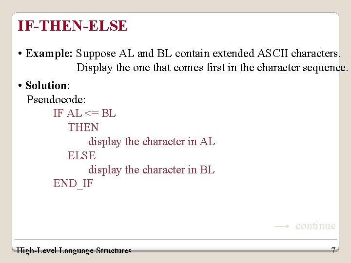 IF-THEN-ELSE • Example: Suppose AL and BL contain extended ASCII characters. Display the one IF-THEN-ELSE • Example: Suppose AL and BL contain extended ASCII characters. Display the one