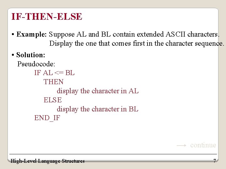 IF-THEN-ELSE • Example: Suppose AL and BL contain extended ASCII characters. Display the one