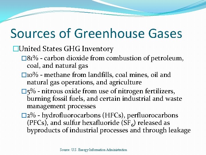 Sources of Greenhouse Gases �United States GHG Inventory � 81% - carbon dioxide from