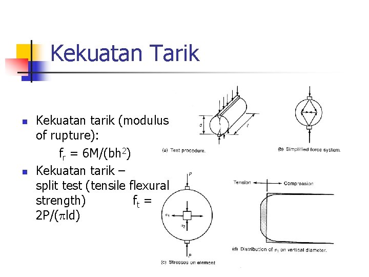 Kekuatan Tarik n n Kekuatan tarik (modulus of rupture): fr = 6 M/(bh 2)