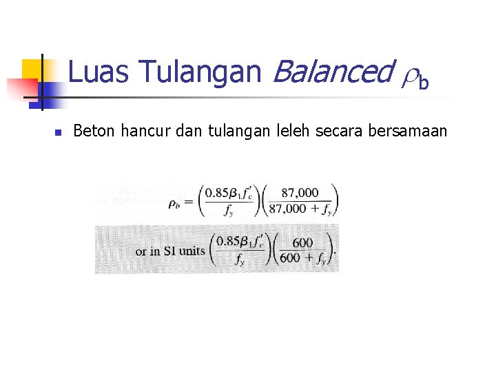 Luas Tulangan Balanced b n Beton hancur dan tulangan leleh secara bersamaan 