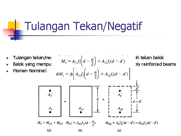 Tulangan Tekan/Negatif n n n Tulangan tekan/negatif adalah tulangan yang berada di daerah tekan