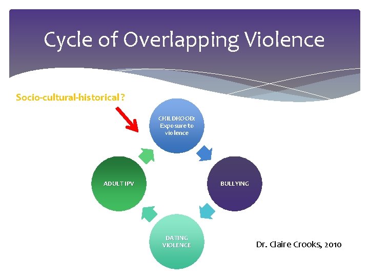 Cycle of Overlapping Violence Socio-cultural-historical ? CHILDHOOD: Exposure to violence ADULT IPV BULLYING DATING