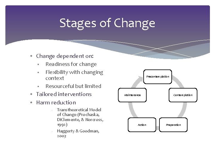 Stages of Change dependent on: § § § Readiness for change Flexibility with changing