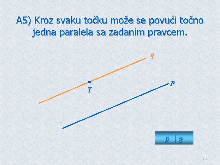 A 5) Kroz svaku točku može se povući točno jedna paralela sa zadanim pravcem.
