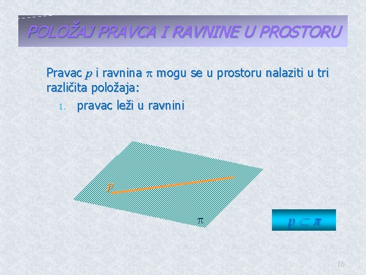 POLOŽAJ PRAVCA I RAVNINE U PROSTORU Pravac p i ravnina mogu se u prostoru