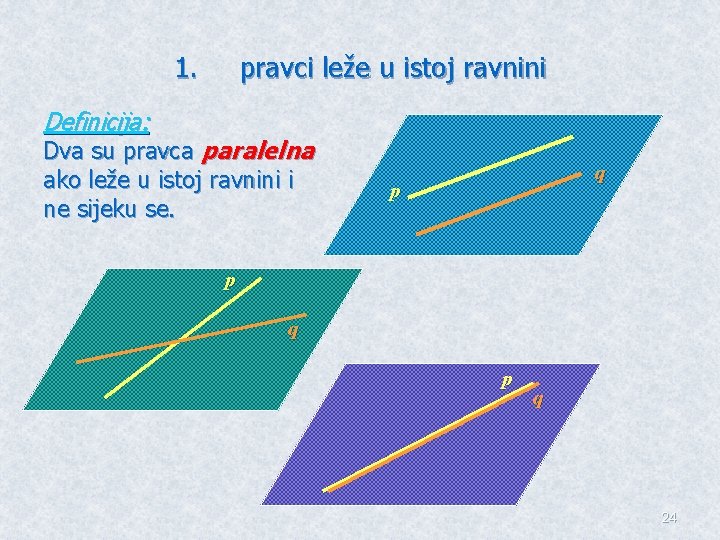 1. pravci leže u istoj ravnini Definicija: Dva su pravca paralelna ako leže u