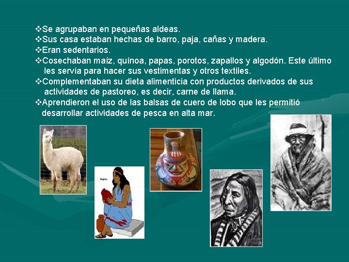 v. Se agrupaban en pequeñas aldeas. v. Sus casa estaban hechas de barro, paja,