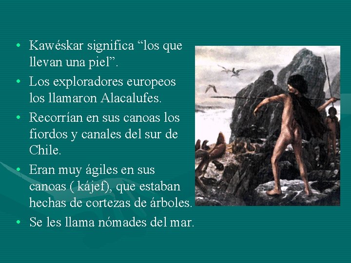  • Kawéskar significa “los que llevan una piel”. • Los exploradores europeos llamaron