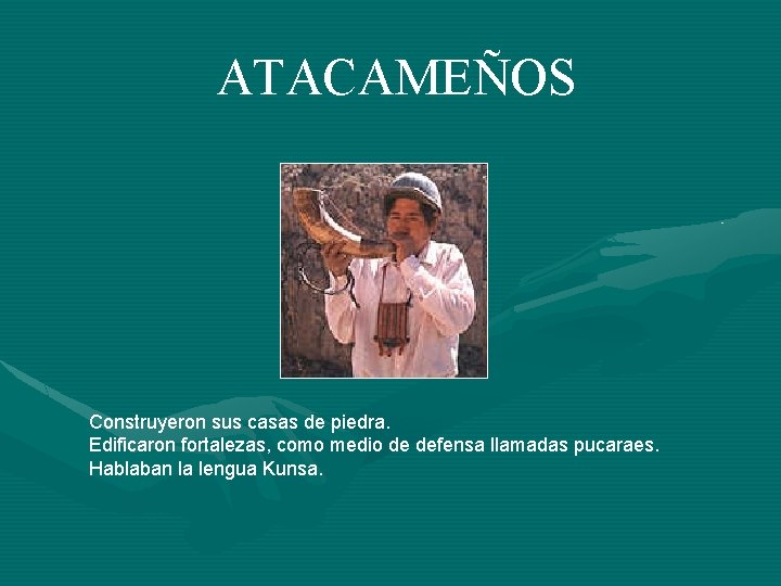 ATACAMEÑOS Construyeron sus casas de piedra. Edificaron fortalezas, como medio de defensa llamadas pucaraes.