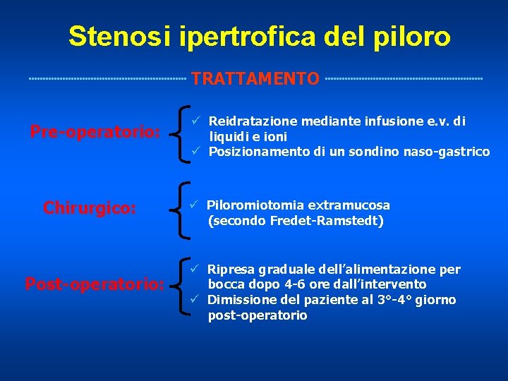 Stenosi ipertrofica del piloro TRATTAMENTO Pre-operatorio: Chirurgico: Post-operatorio: ü Reidratazione mediante infusione e. v.