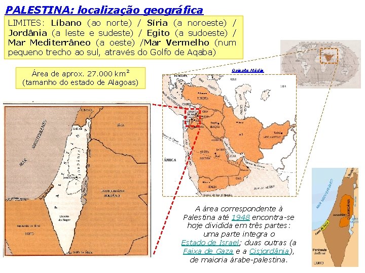 PALESTINA: localização geográfica LIMITES: Líbano (ao norte) / Síria (a noroeste) / Jordânia (a