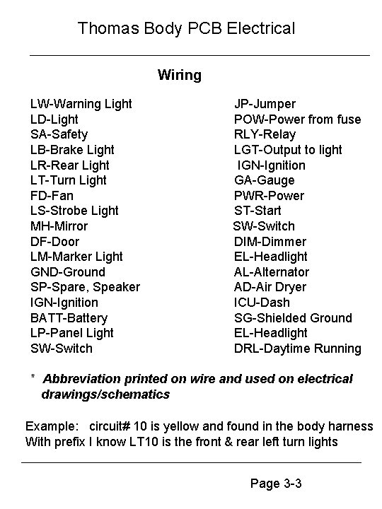 Thomas Body PCB Electrical Wiring LW-Warning Light LD-Light SA-Safety LB-Brake Light LR-Rear Light LT-Turn