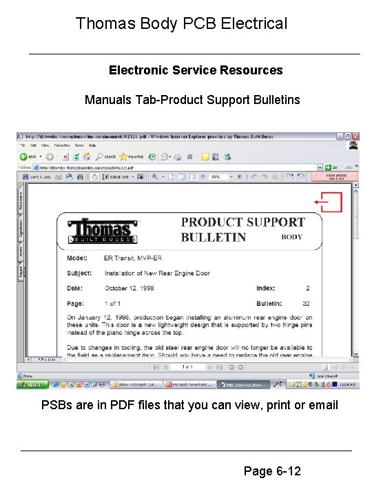 Thomas Body PCB Electrical Electronic Service Resources Manuals Tab-Product Support Bulletins PSBs are in