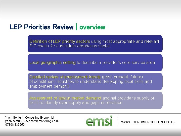 LEP Priorities Review | overview Definition of LEP priority sectors using most appropriate and